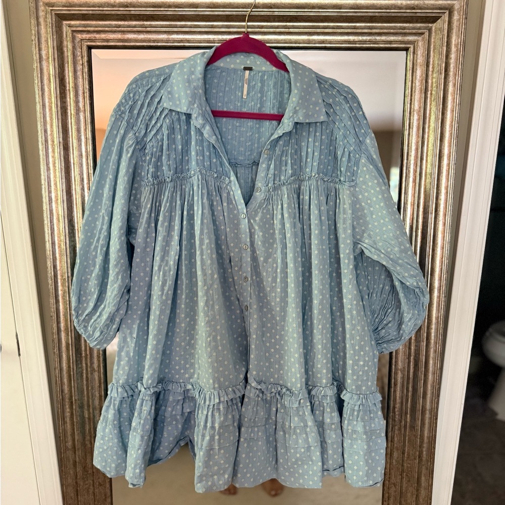 Free People Blue and White Patterned Blouse